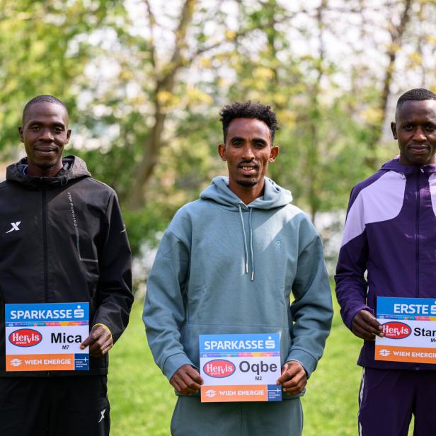 Die Sieganwärter in Wien: Cheserek, Kibrom und Kurgat (von links)