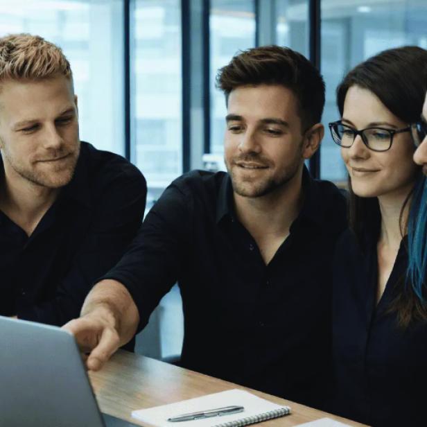 Vier Personen sitzen um einen Tisch und schauen gemeinsam auf einen Laptop.