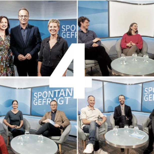Vier Gesprächsrunden mit jeweils mehreren Personen sitzen in einem modernen Studio mit der Aufschrift „Spontan gefragt“.