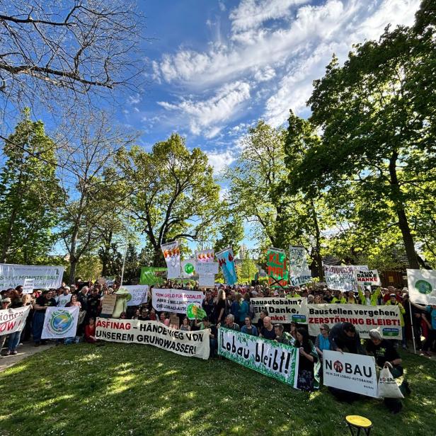 Demonstranten mit Plakaten in einem Park. 