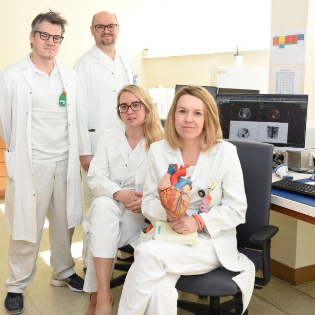 Vier Personen in weißen Kitteln, zwei sitzen, zwei stehen, eine hält ein anatomisches Herzmodell, im Hintergrund Computer mit medizinischen Bildern.