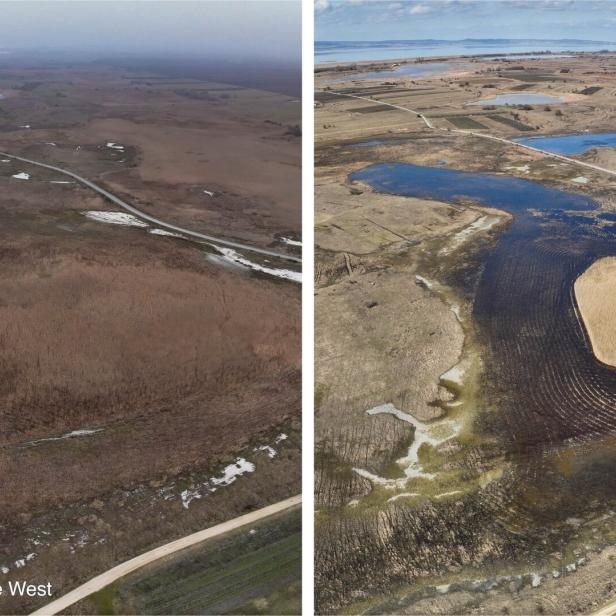 Zwei Luftaufnahmen einer Landschaft mit Feldern, Wegen und Wasserflächen, links im Winter, rechts nach einer Überschwemmung.