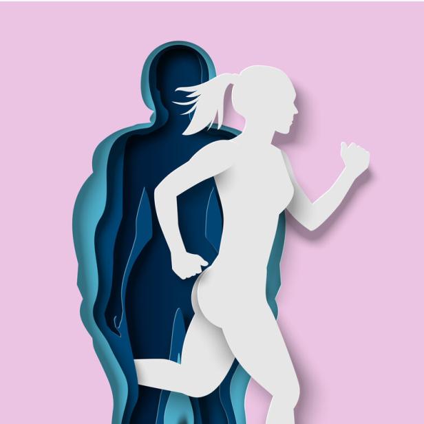 Ein Symbolbild einer Frau, die aus einer größeren Version ihrer selbst läuft.