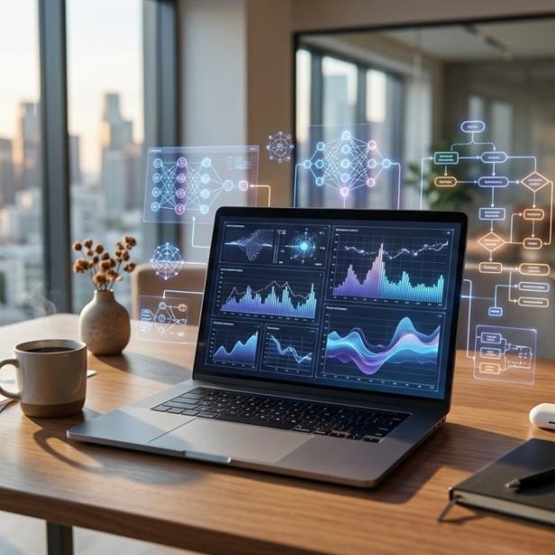 Laptop mit KI-Diagrammen und Datenanalysen auf Schreibtisch in modernem Büro mit Stadtblick.