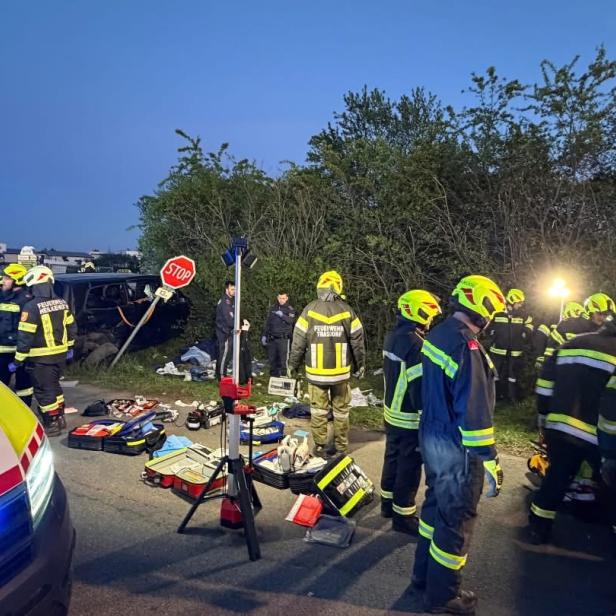 Zahlreiche Einsatzkräfte von Feuerwehr und Rettung versorgen Verletzte an der Unfallstelle bei Moosbierbaum nach der schweren Kollision von Kleinbus und Pkw.