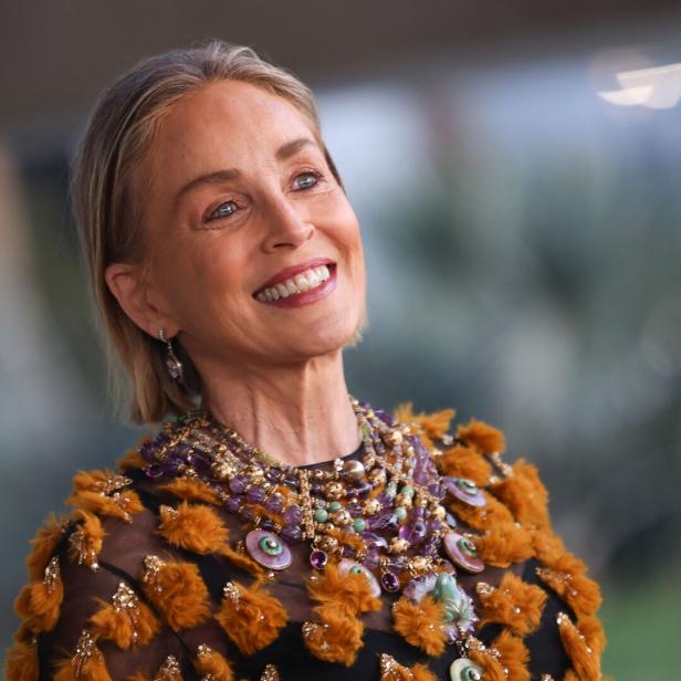 Sharon Stone lächelt mit auffälligem Schmuck und einem Kleid mit Federn.