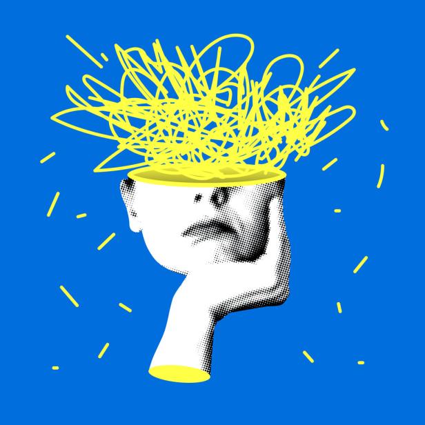 Upset woman props her head up with her hand. Modern collage. Concept of anxiety