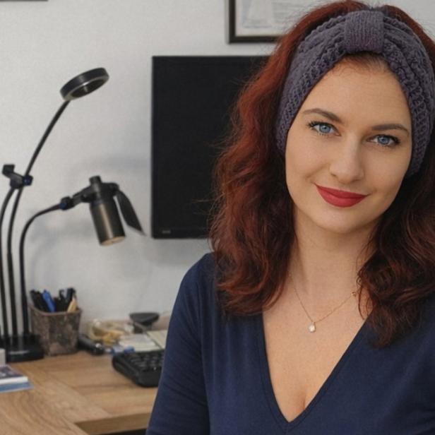 Eine Frau mit einem Haarband sitzt vor einem Computer und schaut lächelnd in die Kamera.