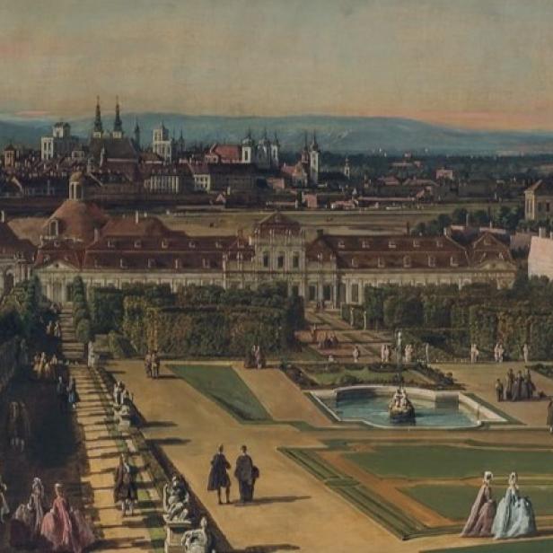 Prächtige Gartenanlage mit Springbrunnen, Spaziergängern in historischer Kleidung und einer Stadt im Hintergrund.