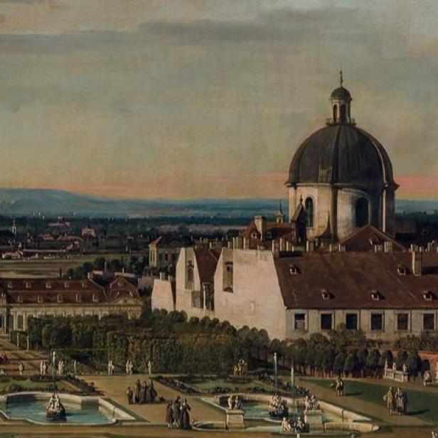 Bernardo Bellottos Gemälde zeigt eine detailreiche Ansicht Wiens mit barocken Gebäuden, Gartenanlagen und der markanten Kuppel der Peterskirche im Abendlicht.