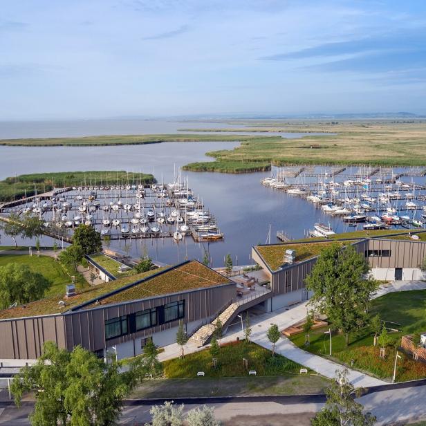 Zwei moderne Gebäude mit begrünten Dächern stehen an einem Yachthafen mit vielen Segelbooten, umgeben von Wasser und Schilf.