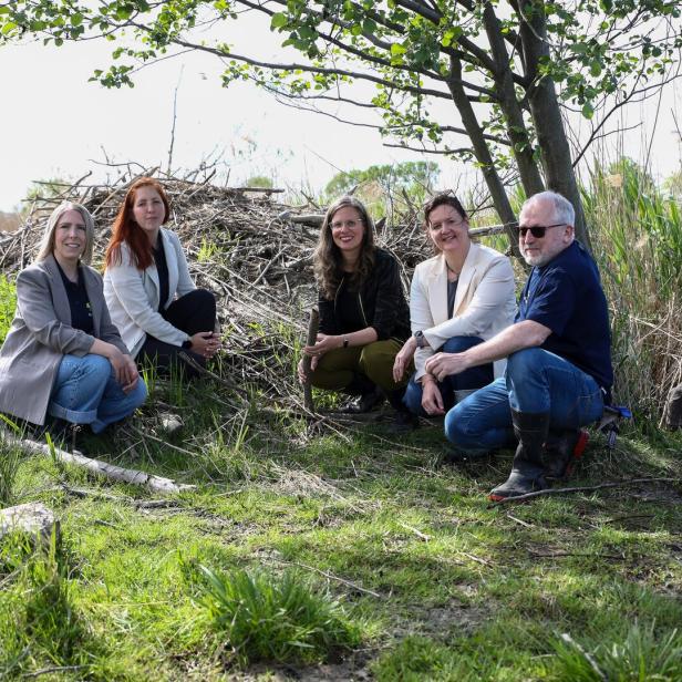 Fünf Personen hocken gemeinsam im Grünen vor einem großen Haufen aus Ästen und Zweigen neben einem Baum.