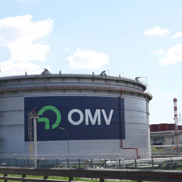 The logo of Austrian oil and gas group OMV on of their tanks at the refinery in Schwechat