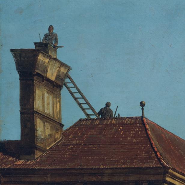 Zwei Schornsteinfeger arbeiten auf einem Dach mit Leiter und Schornstein unter klarem Himmel, ein Detail aus einem Gemälde von Canaletto oder Bellotto.
