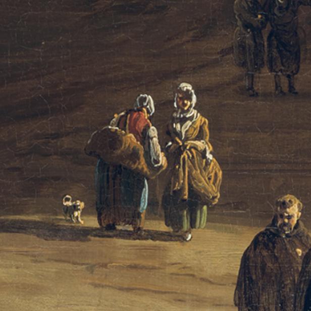 Zwei Frauen in historischer Kleidung unterhalten sich auf einer Straße, daneben ein kleiner Hund, detailreich gemalt von Canaletto oder Bellotto.