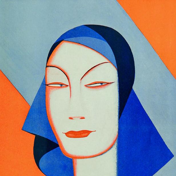 Ein Gemälde in orange und blau von einer Frau 