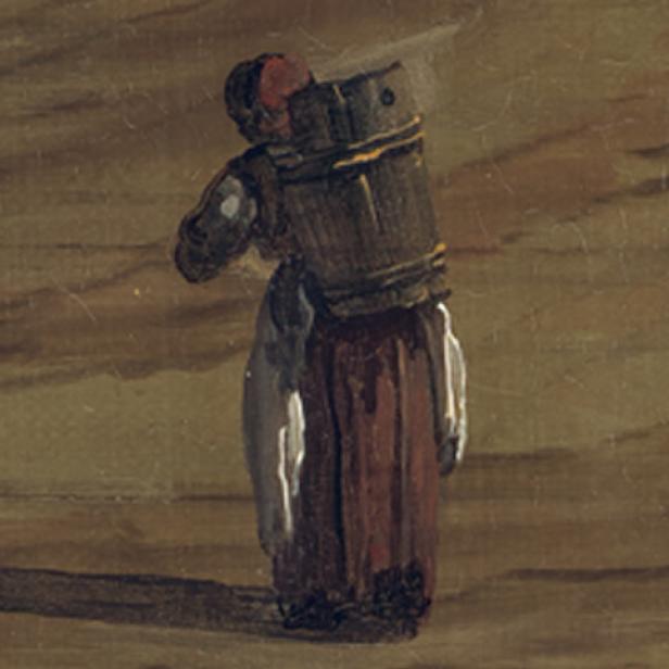 Detail einer Staffagefigur aus einem Gemälde von Bernardo Bellotto: Eine Frau mit Kopftuch trägt einen großen Korb auf dem Rücken und steht im Licht, Symbol für den Alltag im Wien des 18. Jahrhunderts.