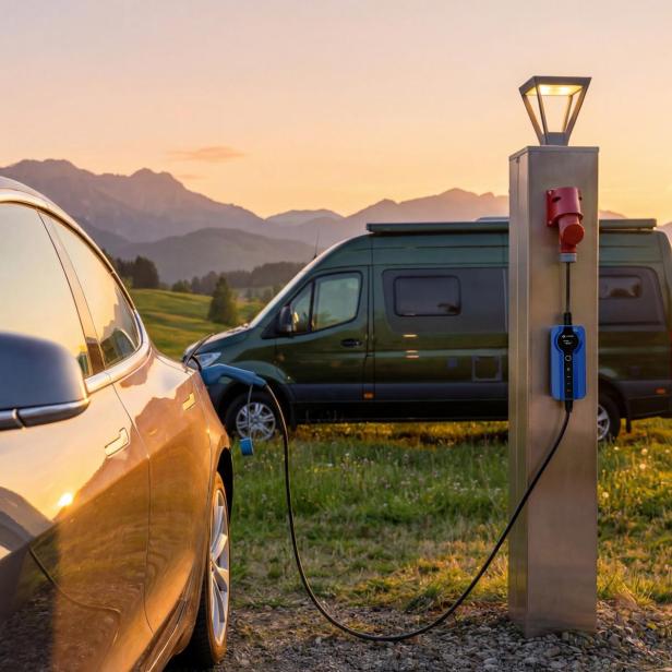 Ein Tesla ist an einer Ladestation für Elektrofahrzeuge angeschlossen.
