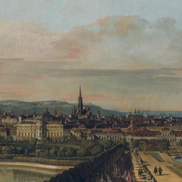 Blick vom Oberen Belvedere auf das Wien des 18. Jahrhunderts mit Karlskirche, Stephansdom und eleganten Spaziergängern in den barocken Gartenanlagen, gemalt von Bernardo Bellotto.