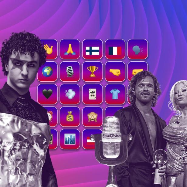 Cosmo und die finnischen Teilnehmer des Eurovision Song Contest. Im Hintergrund ein Bingo-Feld.