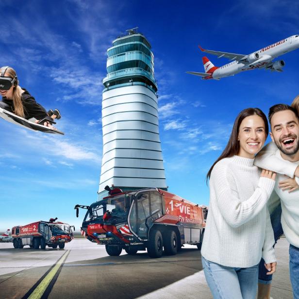 Familie am Flughafen Wien mit Tower, Flugzeugen, Feuerwehrfahrzeugen und Birdly-Flugsimulator.