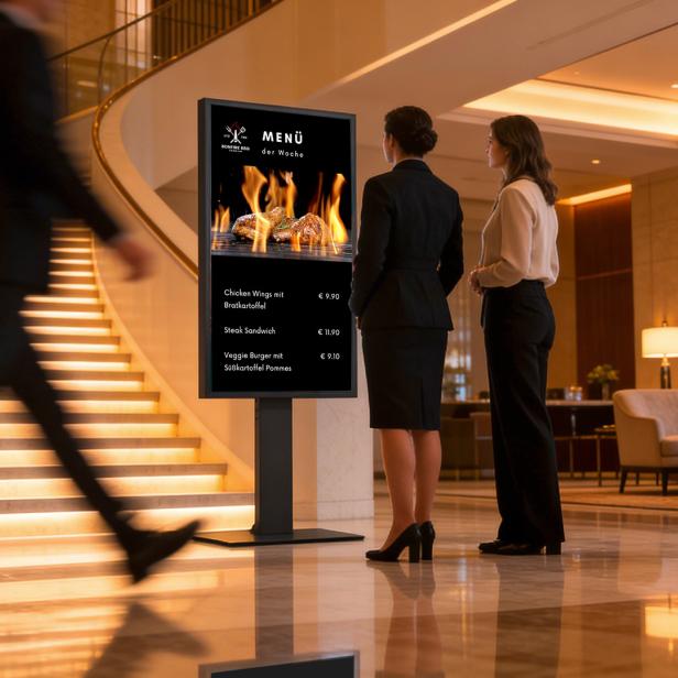 Zwei Frauen betrachten in einer eleganten Hotellobby eine digitale Menütafel mit Speisen und Preisen.