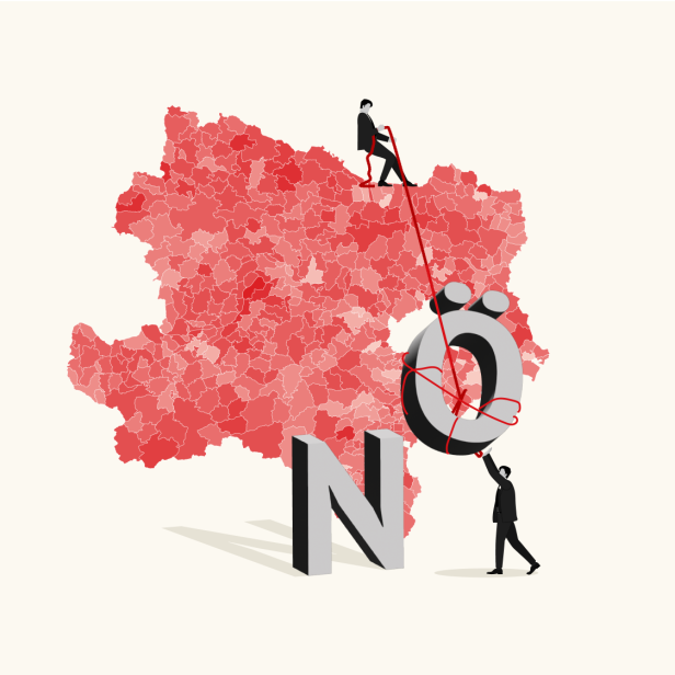 Illustration einer rot eingefärbten Karte von Niederösterreich mit zwei stilisierten Personen und den Buchstaben NÖ.
