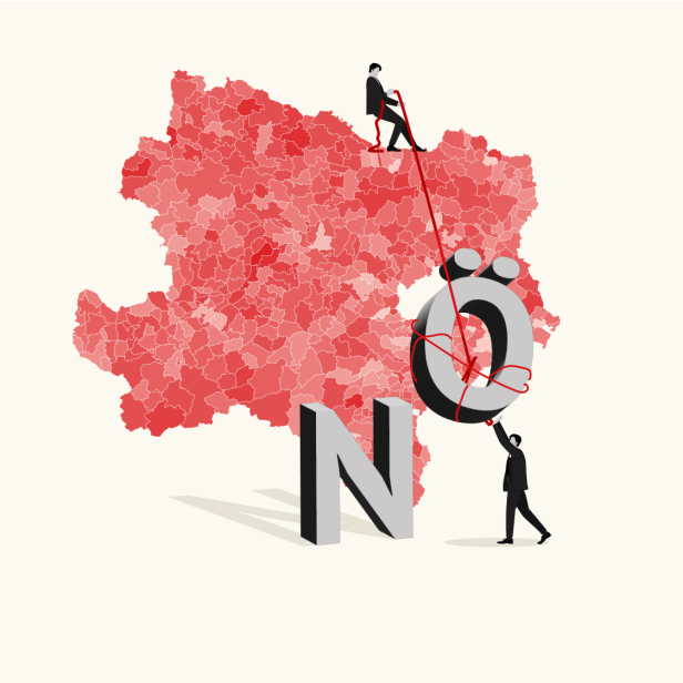 Illustration einer rot eingefärbten Karte von Niederösterreich mit zwei stilisierten Personen und den Buchstaben NÖ.