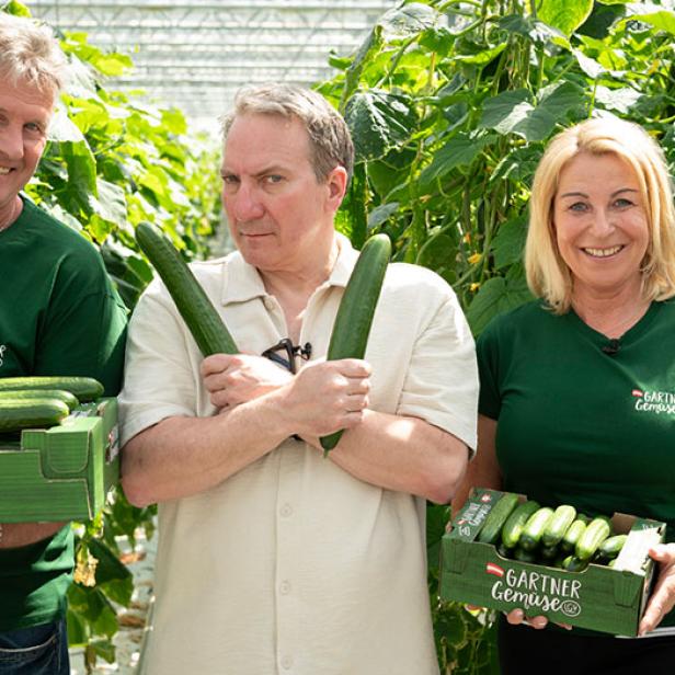 Drei Personen in Gewächshaus halten Kisten mit Gurken, zwei tragen grüne Shirts mit Aufdruck.