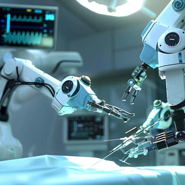 Roboterarme mit chirurgischen Instrumenten über einem OP-Tisch. 