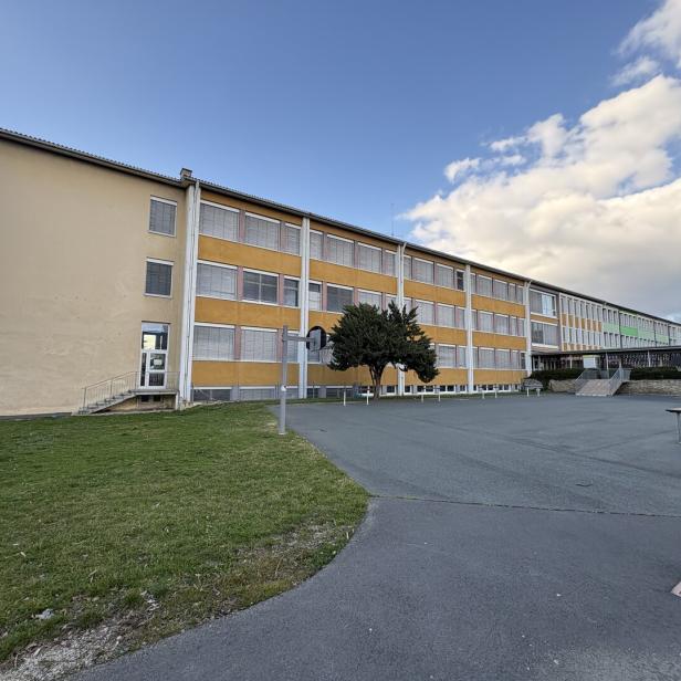 Ein langes, gelbliches Schulgebäude mit vielen Fenstern steht neben einem leeren Schulhof mit etwas Grünfläche und einem Baum.