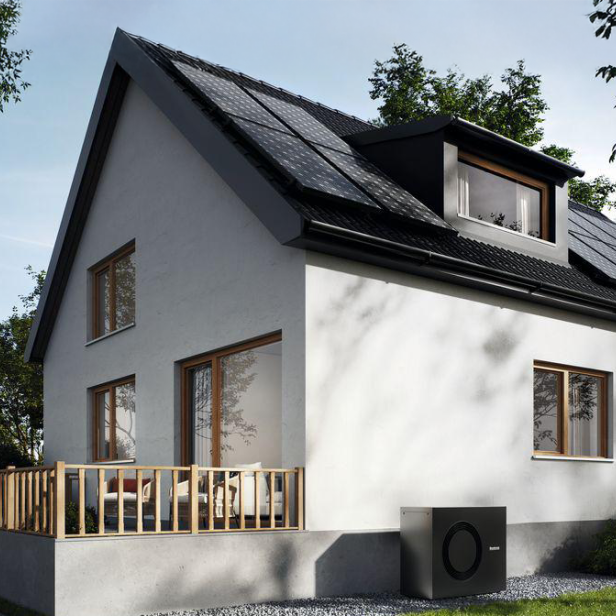 Einfamilienhaus mit Photovoltaikanlage auf dem Dach und Wärmepumpe im Garten.