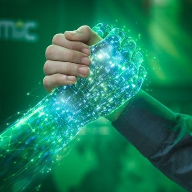 Menschliche Hand schüttelt digitale, leuchtende Hand vor grünem, technischem Hintergrund.
