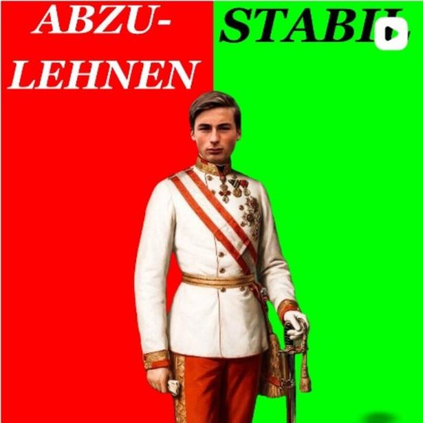 Ein Mann in historischer Uniform steht vor einem halb rot, halb grün geteilten Hintergrund mit den Worten „ABZULEHNEN“ und „STABIL“.
