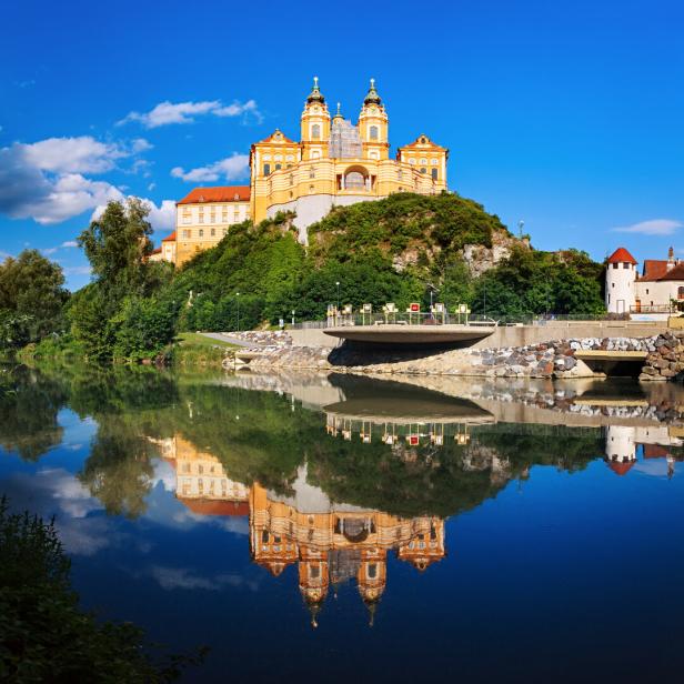 Panorama of the famous St. Peter and Paul Church in Melk Benedictine Abbey, Wachau Valley, Lower Austria