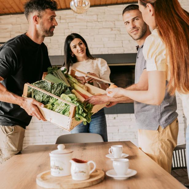 Vier Menschen stehen gemeinsam in einer gemütlichen Küche und übergeben eine Kiste mit frischem Gemüse, was Gastfreundschaft und regionale Verbundenheit in Kroatien symbolisiert.