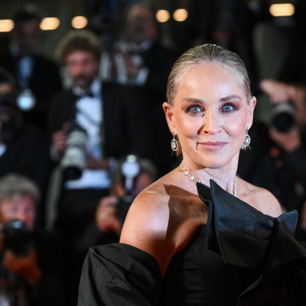 Sharon Stone posiert in einem eleganten schwarzen Kleid vor einer Gruppe von Fotografen.