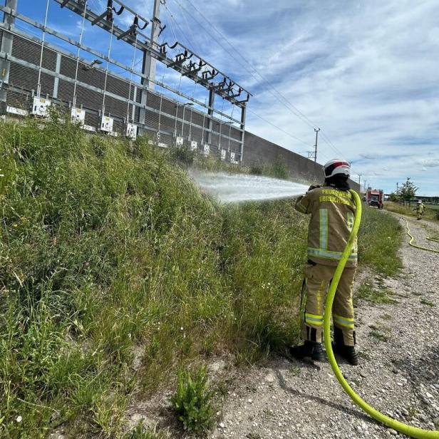 Ein Feuerwehrmann löscht mit einem Schlauch brennendes Gras neben einer Stromanlage unter freiem Himmel.