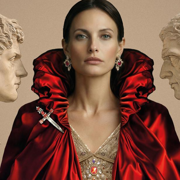 Eine Frau in opulentem roten Kostüm mit Schmuck steht zwischen zwei römischen Büsten, inspiriert von der Neuinszenierung der Oper "Tosca" im Steinbruch St. Margarethen.