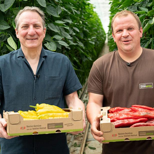 Robert Palfrader und Michael Unger halten jeweils einen Karton mit Spitzpaprika in den Händen.