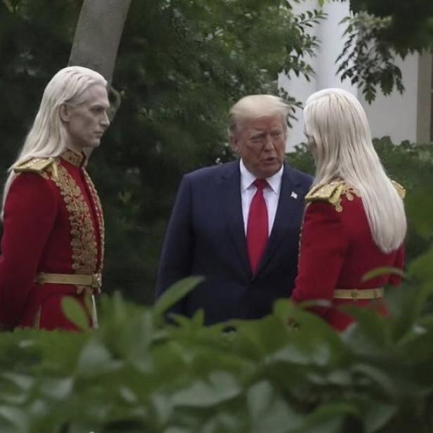Donald Trump steht im Garten des Weißen Hauses zwischen zwei Personen mit sehr blasser Haut, weißblondem Haar und roten Uniformen mit goldenen Verzierungen.