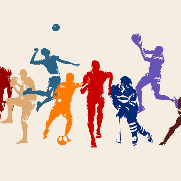 Mehrere bunte Sportler-Silhouetten bei verschiedenen Disziplinen auf hellem Hintergrund.