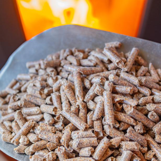 Pellets auf einer Schaufel vor einem Pelletsofen.