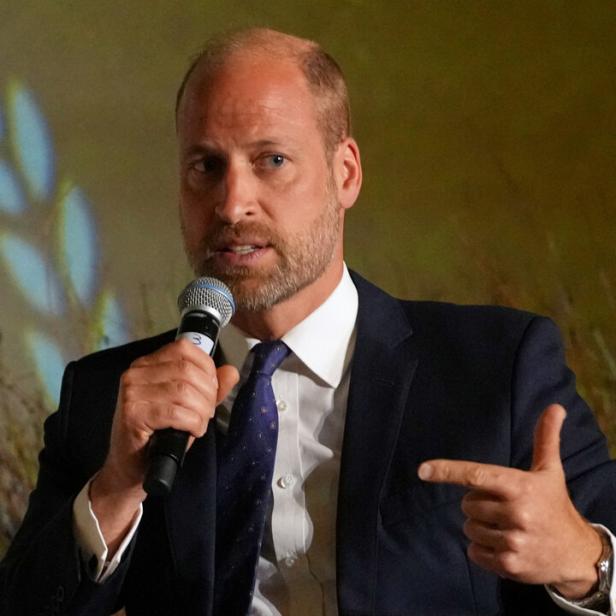 Prinz William spricht in einem dunklen Anzug mit Krawatte in ein Mikrofon und gestikuliert dabei.