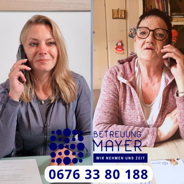 Zwei Frauen führen jeweils ein Telefongespräch – links in einem Büro, rechts in einer Wohnumgebung.