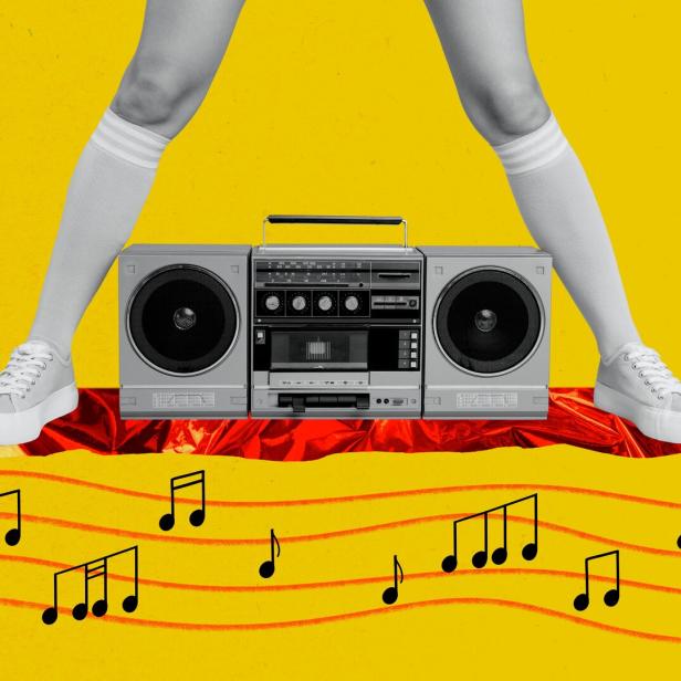Creative image collage woman legs body fragment feet audio player boombox melody listen playlist album party entertainment