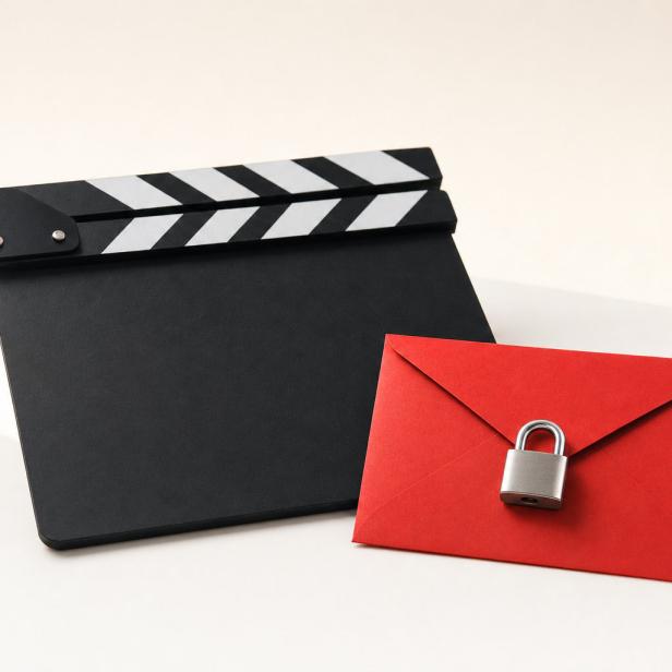 Schwarze Filmklappe neben rotem Briefumschlag mit kleinem Vorhängeschloss.