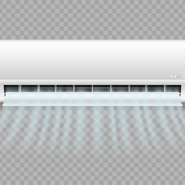 Air conditioner handing on wall blowing fresh wind realistic icon. Split system for climate control
