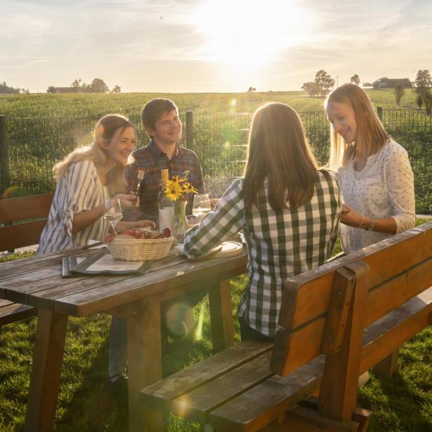 Vier Personen sitzen an einem Holztisch mit Bänken im Freien bei Sonnenuntergang auf einer Wiese.