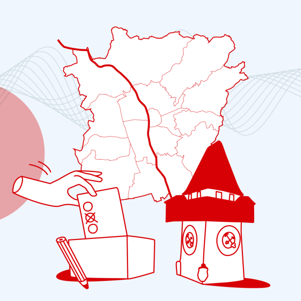 Illustration des Grazer Uhrturms, einer Karte von den Grazer Bezirken und einer Hand, die einen Stimmzettel in einen Wahlurne einwirft.